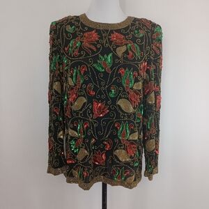 Vintage Black Top with Red and Green Embellishments
